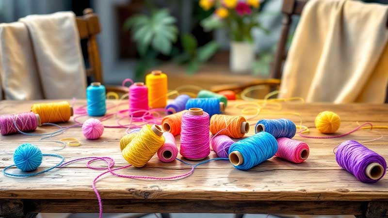 Different types of sewing machine threads displayed on a table.